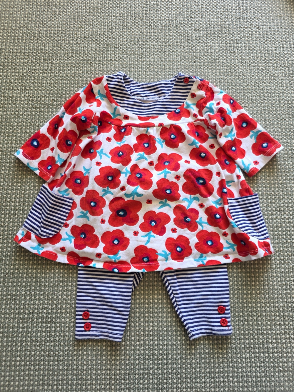Girls' Red Floral Tunic with Navy Stripe Leggings Set